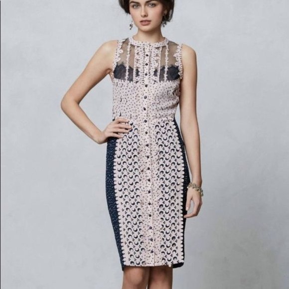 Beguile by Byron Lars 8 Cream and Black Button Front Sheath Sleeveless Dress - Picture 5 of 8